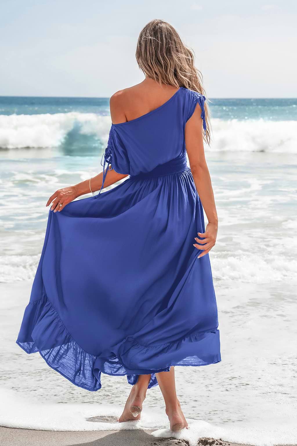 Light Blue Off-Shoulder Smocked Waist Maxi Dress