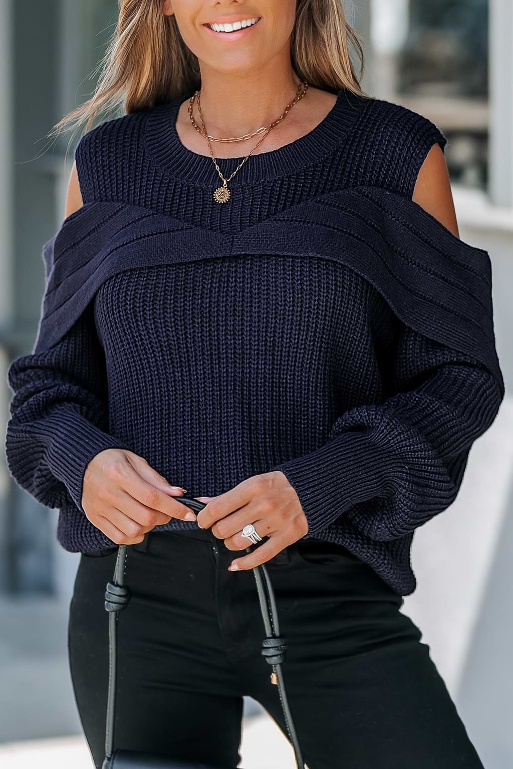 Blue Round Neck Cutout Shoulder Long Sleeve Sweater