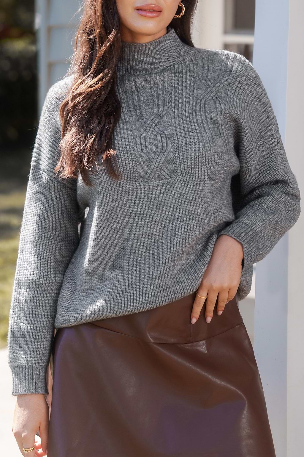 Grey Cable Knit Long Sleeve Turtleneck Sweater