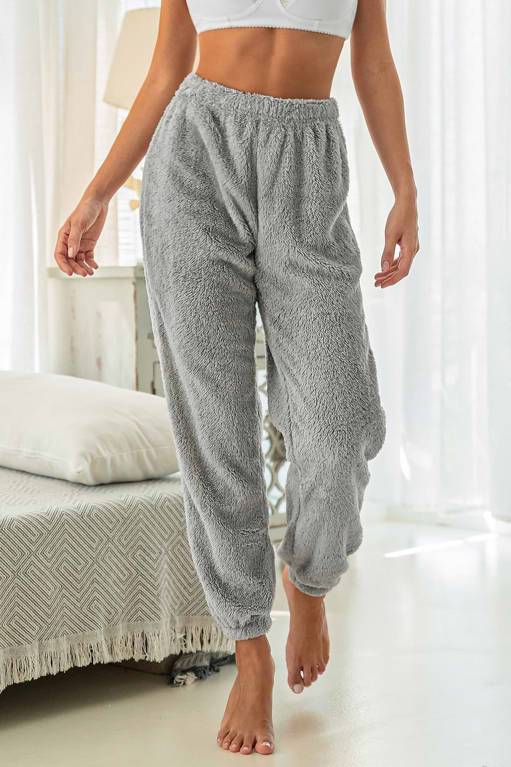 Grey Fuzzy Knit Tapered Leg Pants