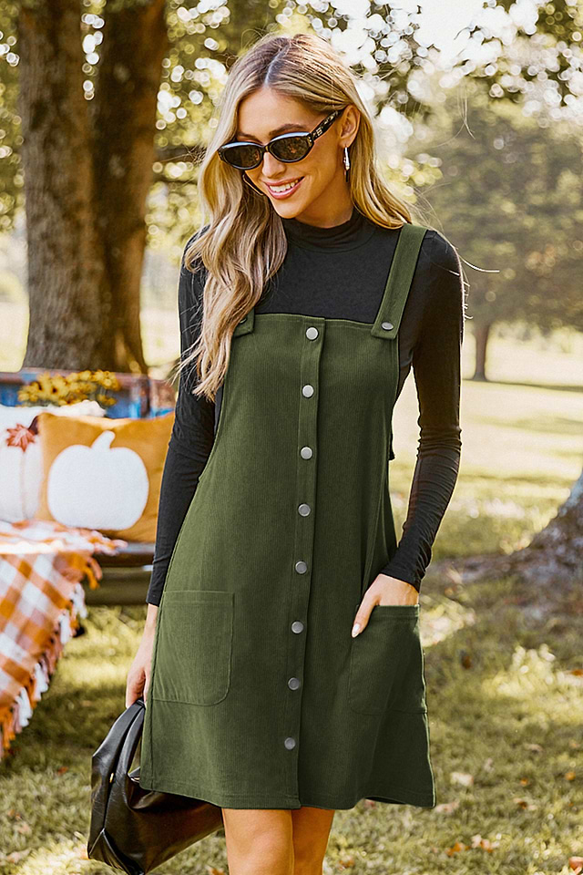 Green Corduroy Square Neck Pinafore Dress