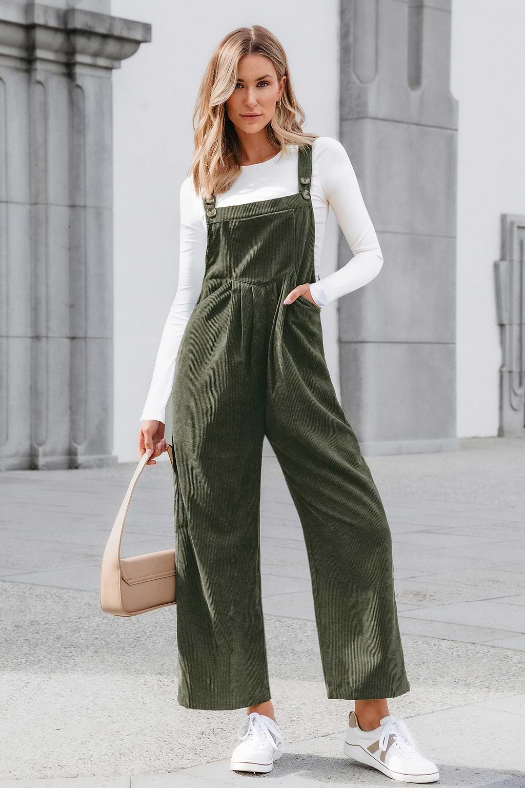Green Corduroy Square Neck Jumpsuit