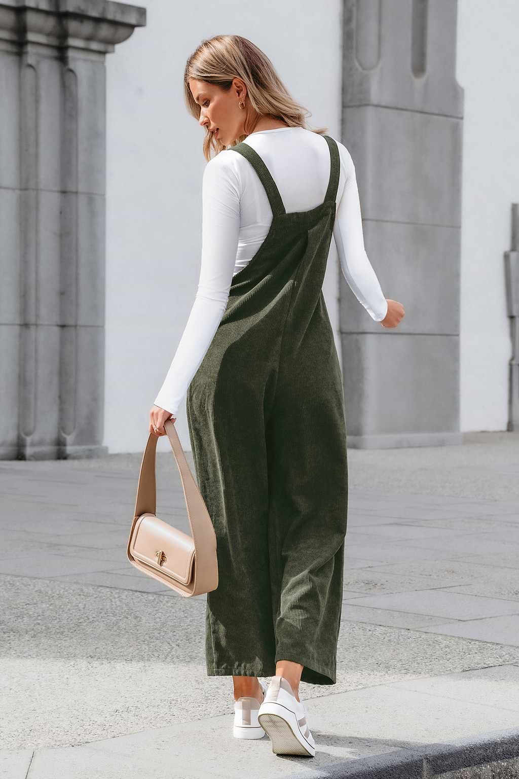 Green Corduroy Square Neck Jumpsuit