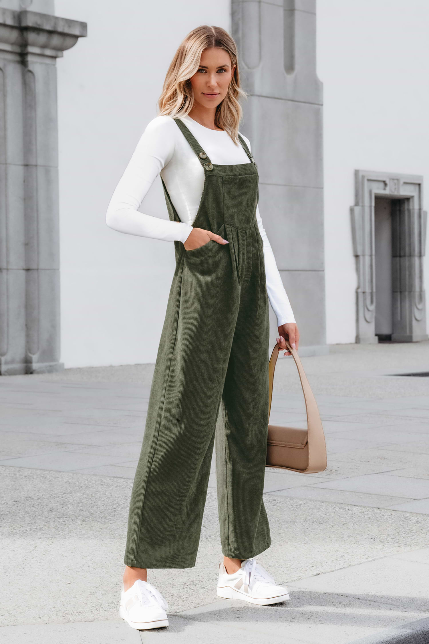 Green Corduroy Square Neck Jumpsuit