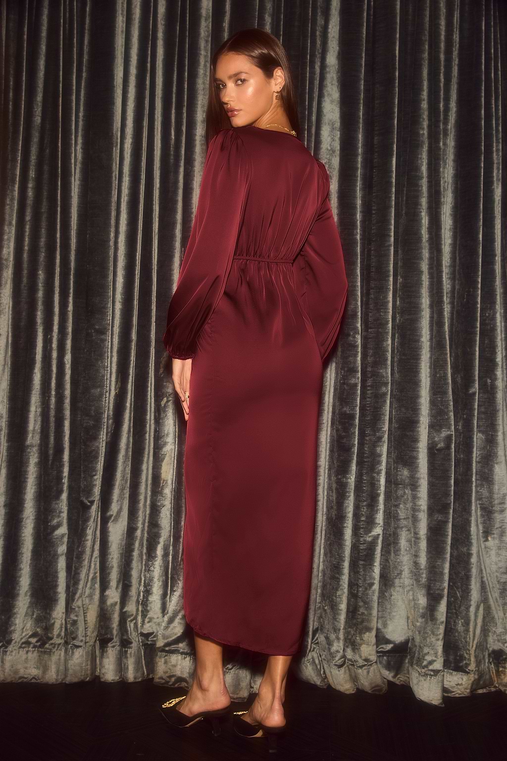 Burgundy Satin Surplice Draped Tulip Hem Midi Dress
