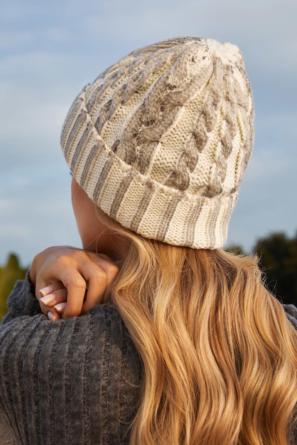 Grey Cable Knit Beanie