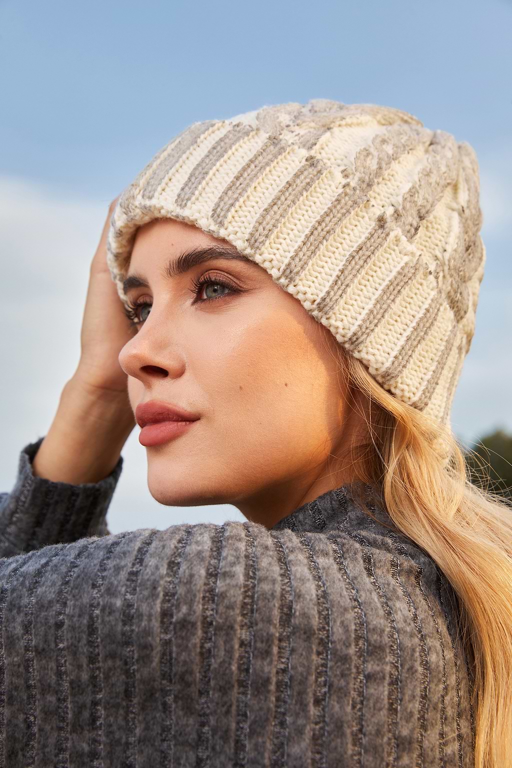 Grey Cable Knit Beanie