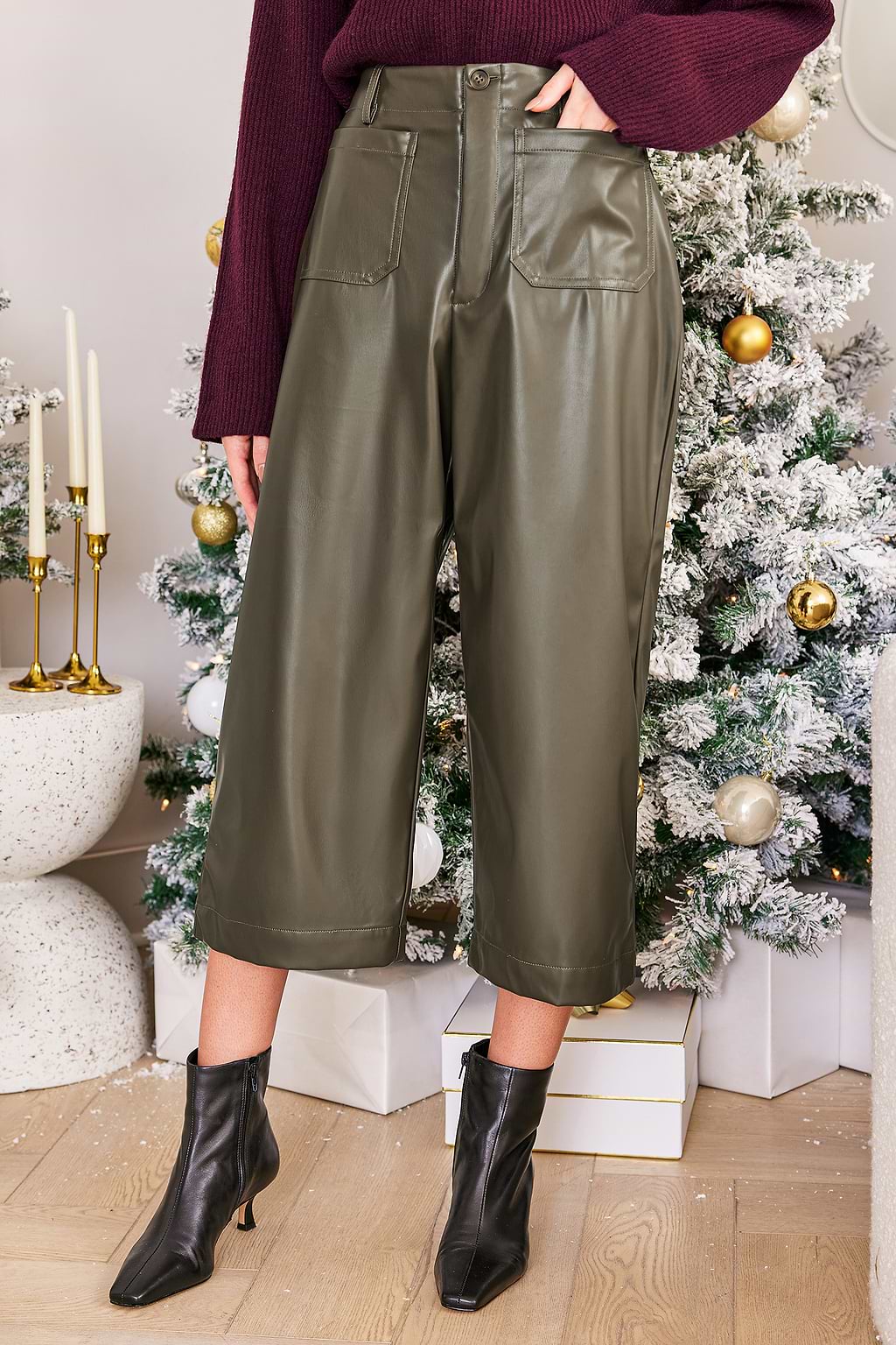 Olive Faux Leather Cropped Straight Leg Pants