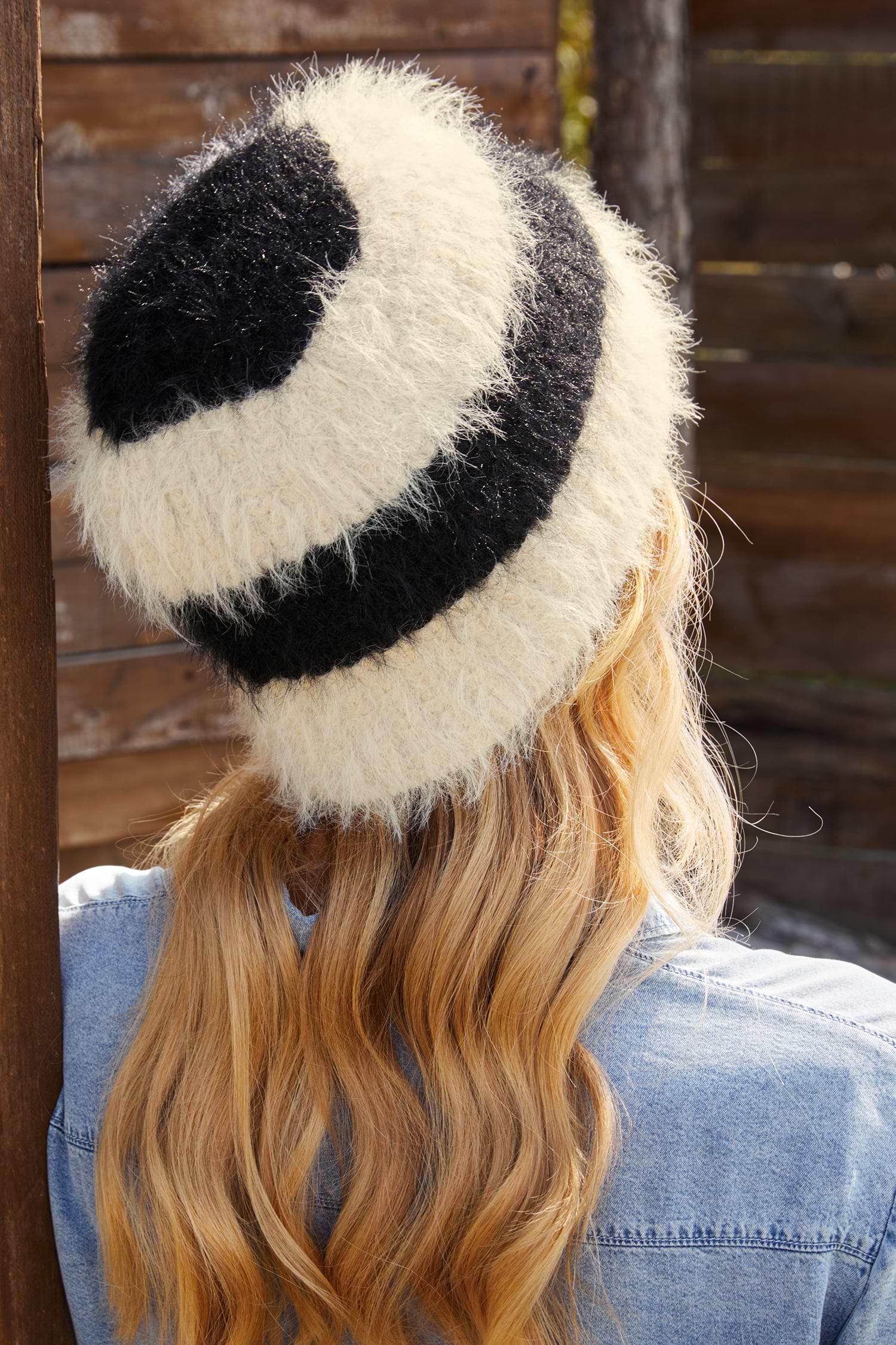 Black & White Striped Fuzzy Knit Beanie