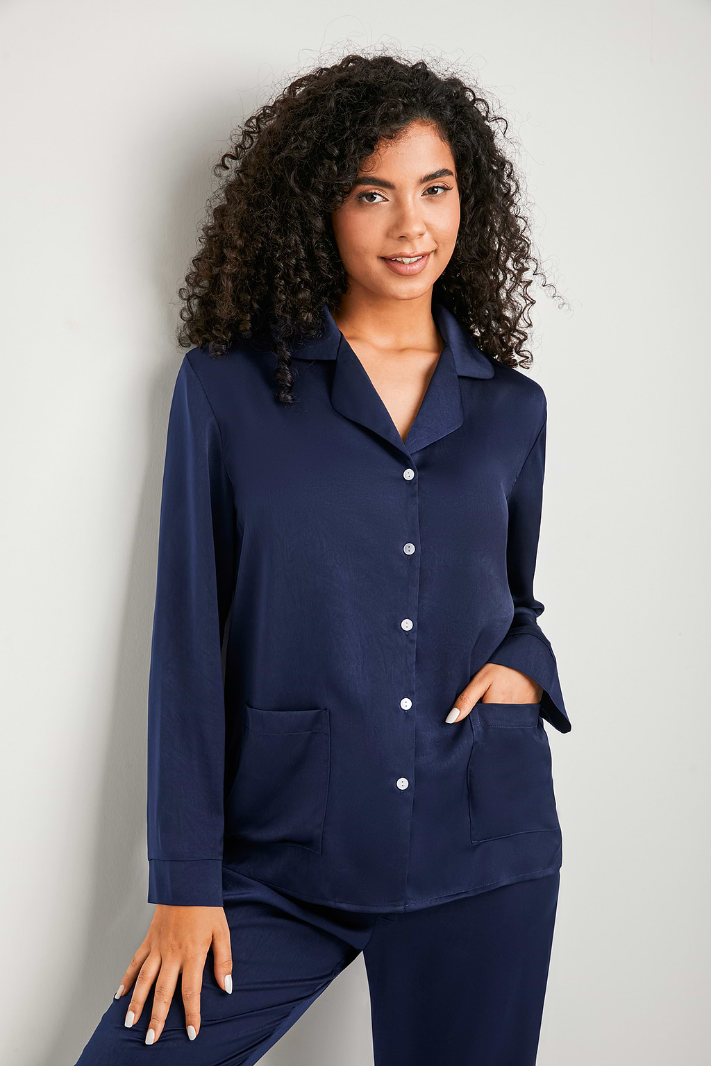 Blue Satin Collared Pajama Top & Pants Set