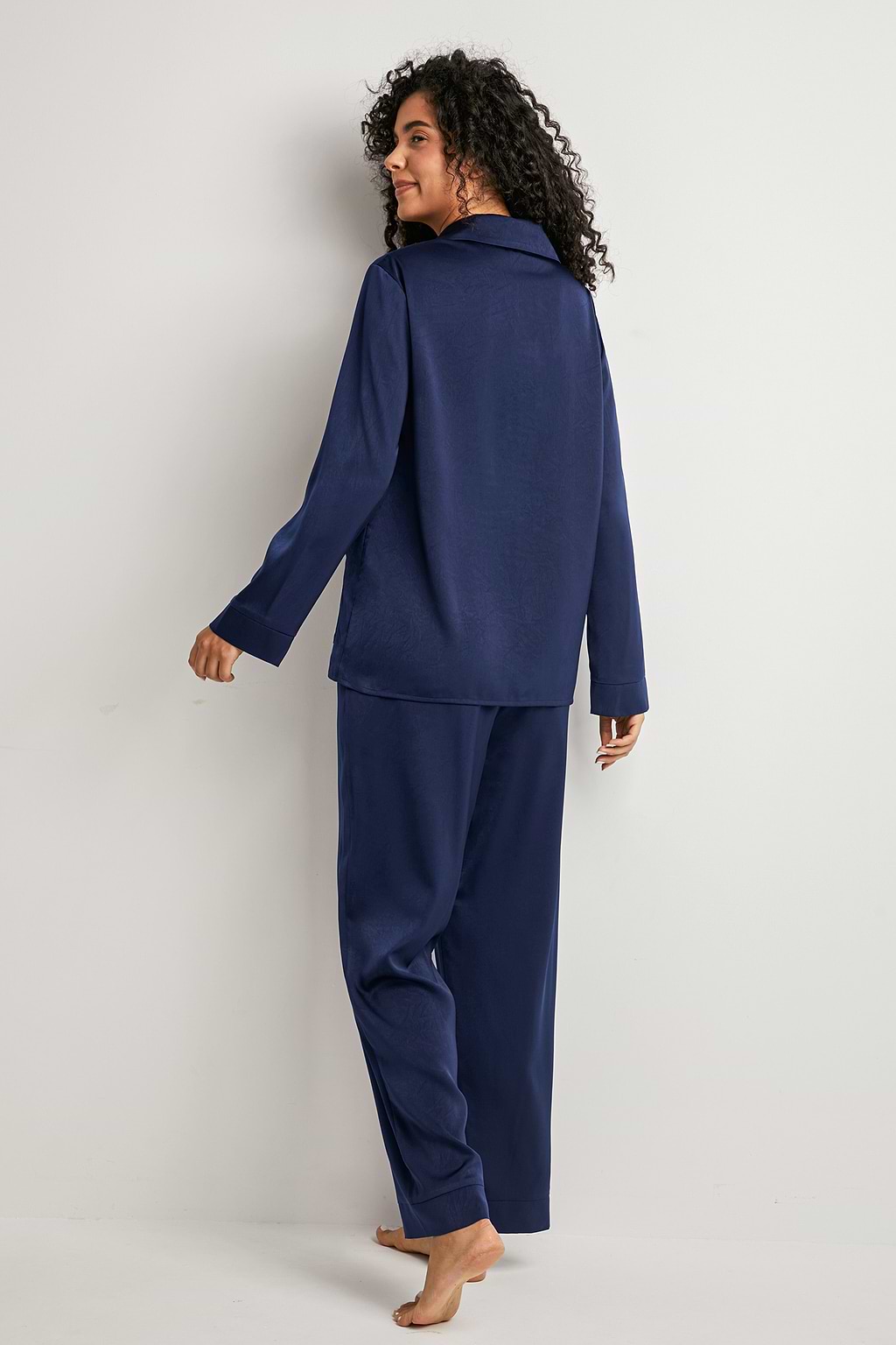 Blue Satin Collared Pajama Top & Pants Set