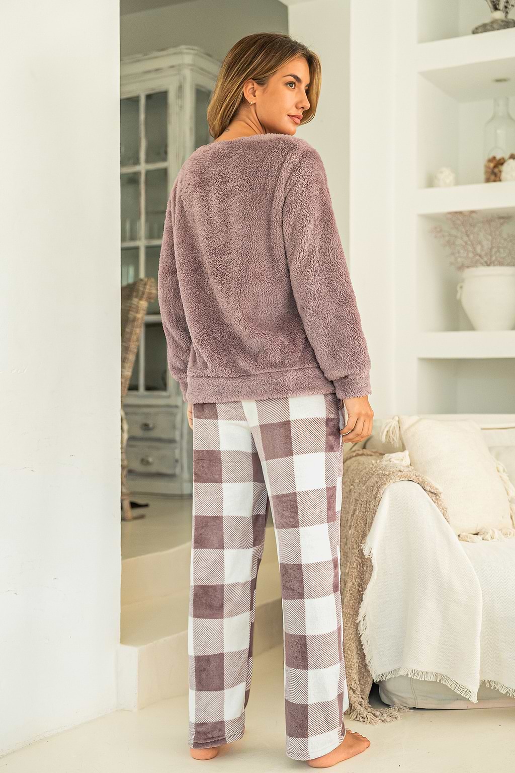 Pink Fuzzy Knit Sweater & Plaid Pants Pajama Set