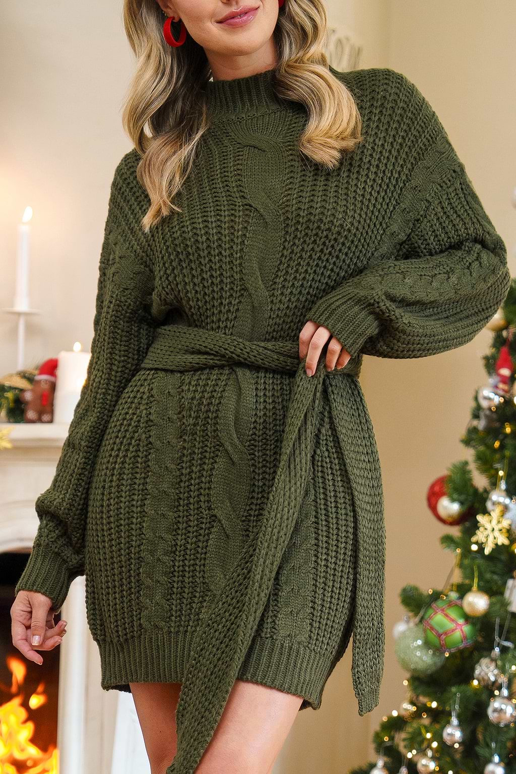Green Cable Knit Belted Turtleneck Sweater Dress