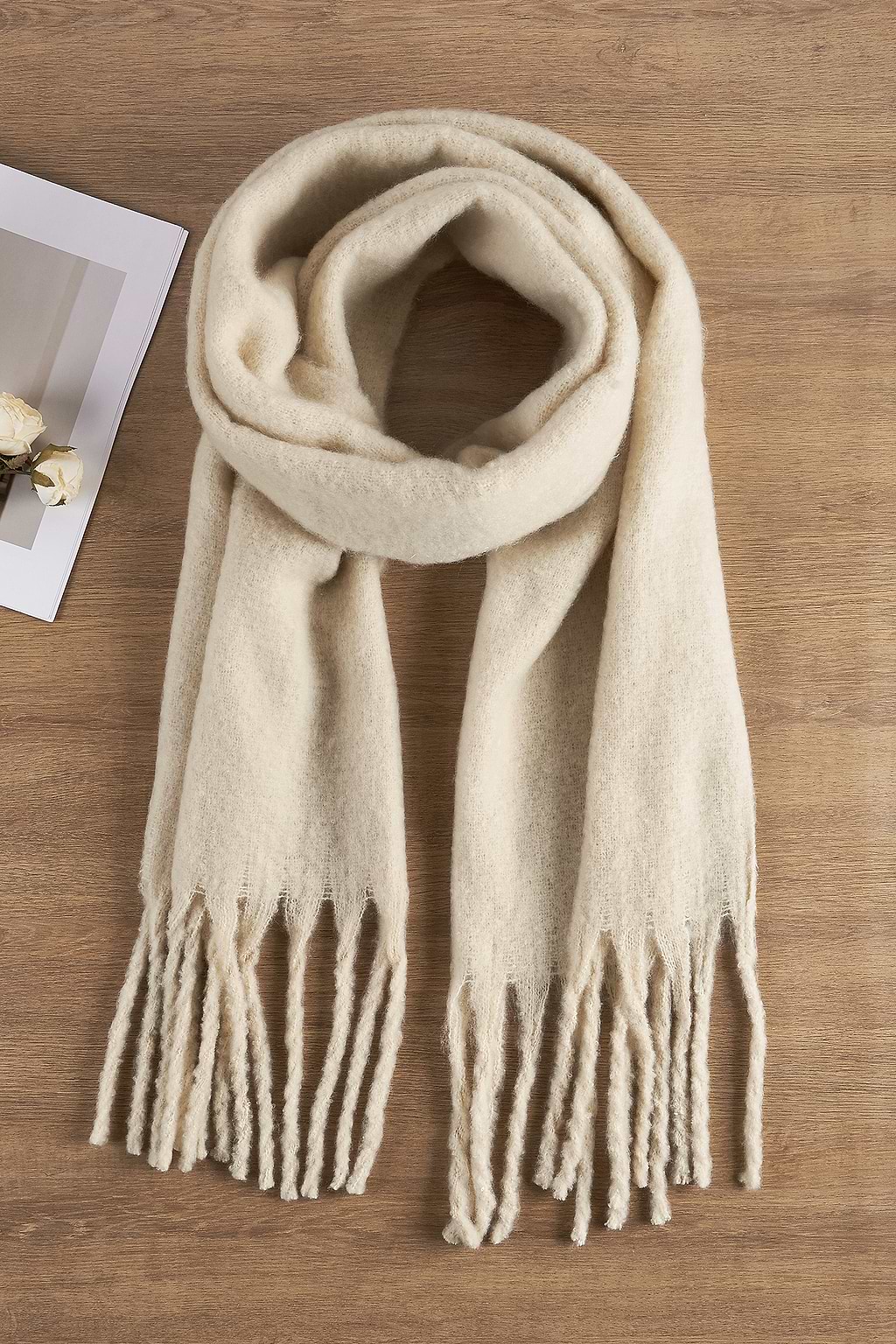 Beige Franje Trim Lange Sjaal