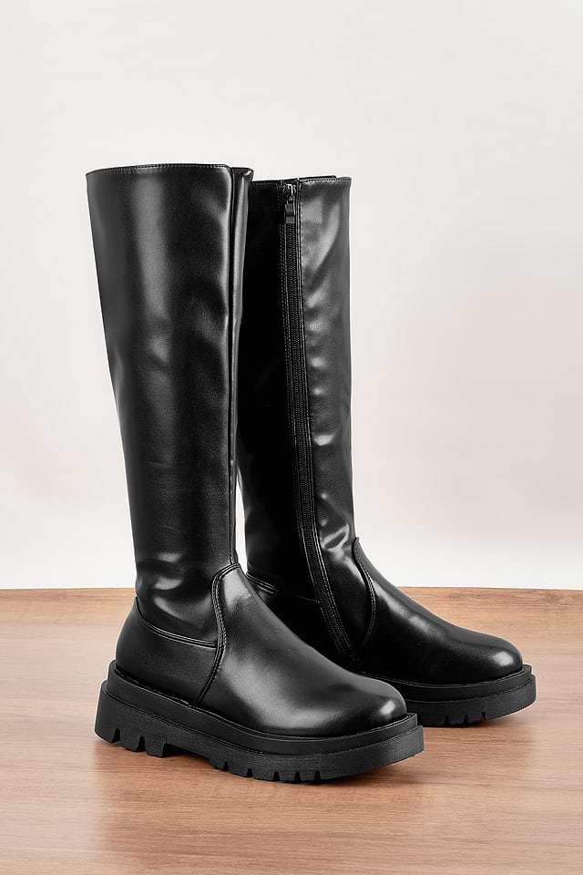 Bottes Femme Dune En Cuir Noir Genou Haut - Taille UK 3 / 36 - Occasion