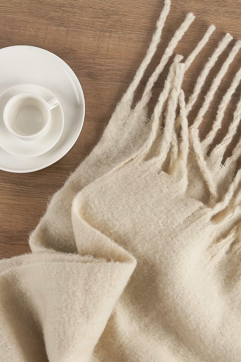 Beige Franje Trim Lange Sjaal