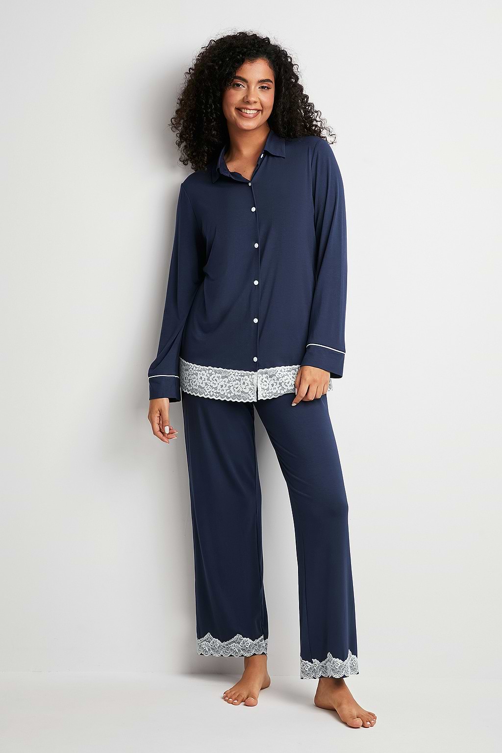 Blue Lace Trim Collared PJ Top & Pants Set