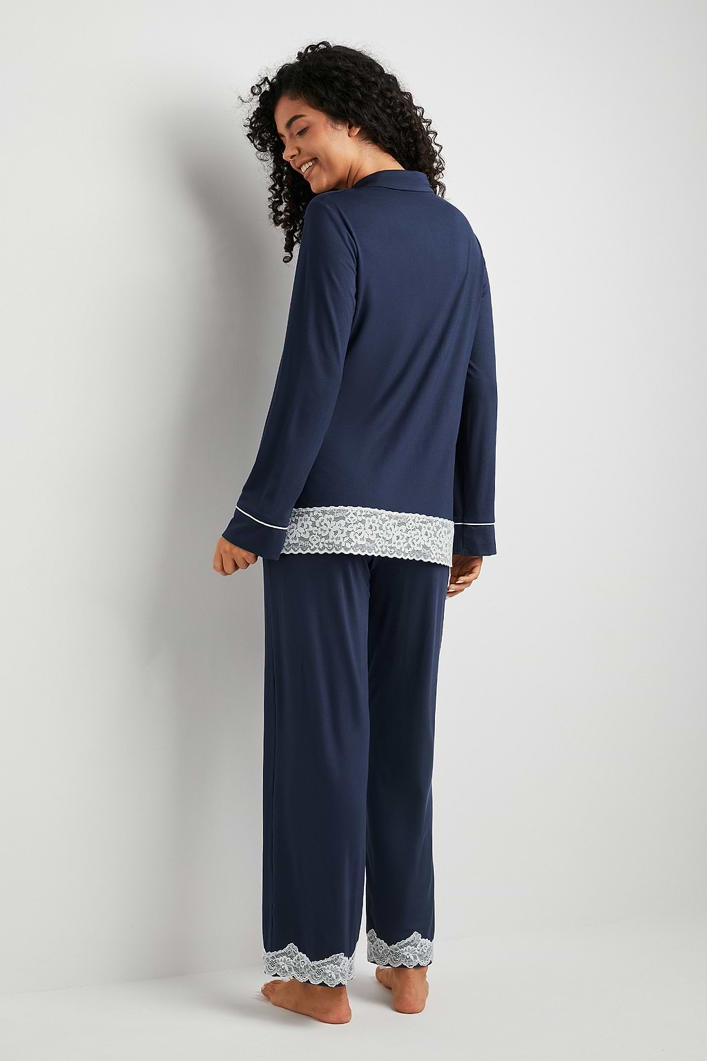Blue Lace Trim Collared PJ Top & Pants Set
