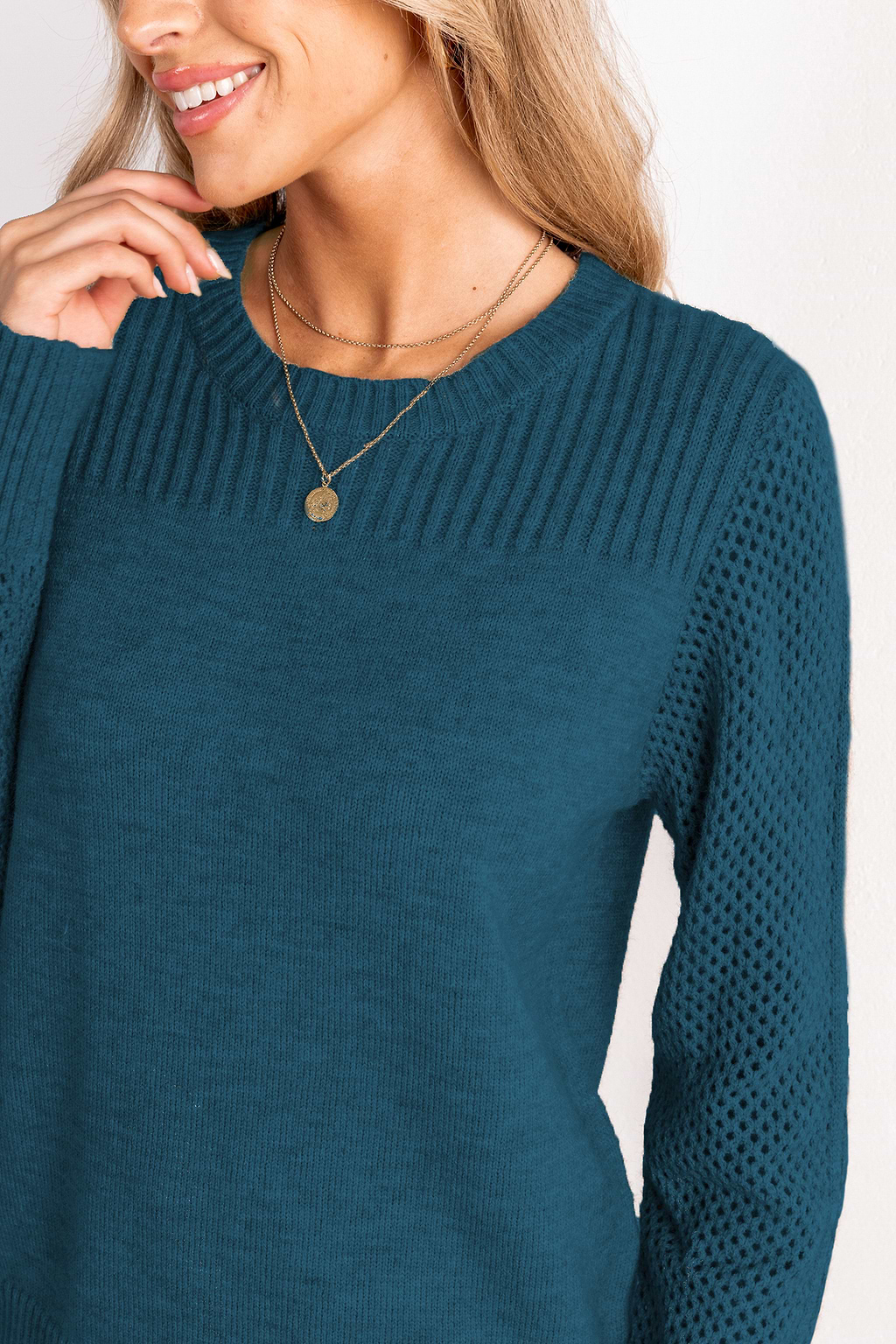 Blue Round Neck Perforated Long Sleeve Sweater