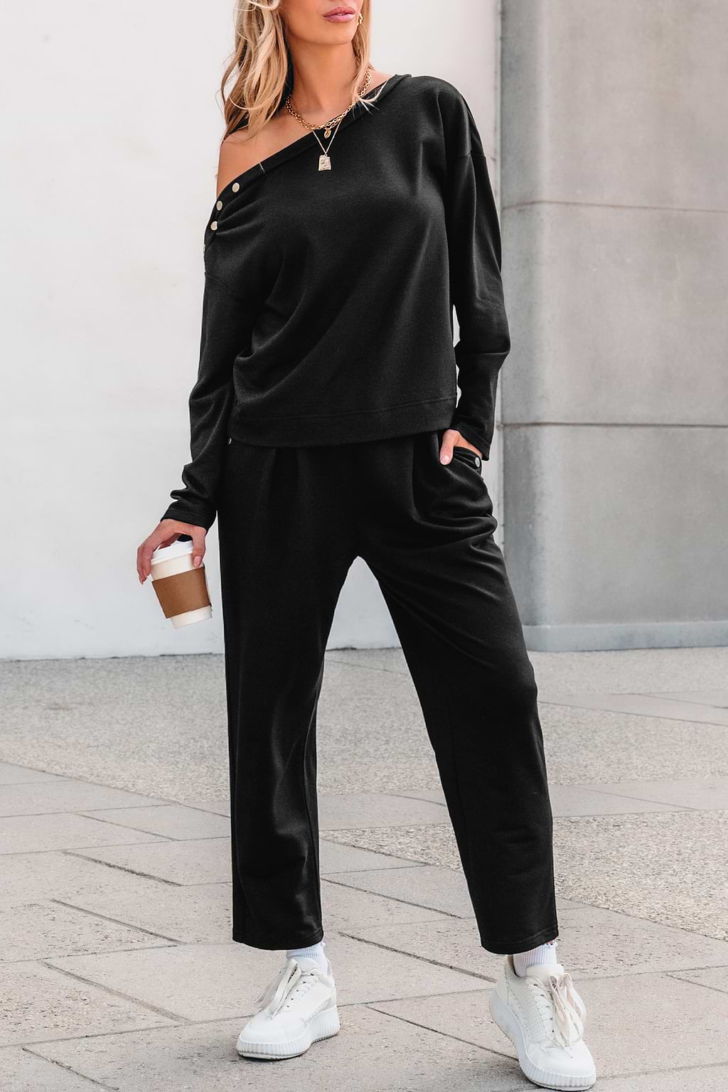 Black Off-Shoulder Top & Tapered Leg Pants Set