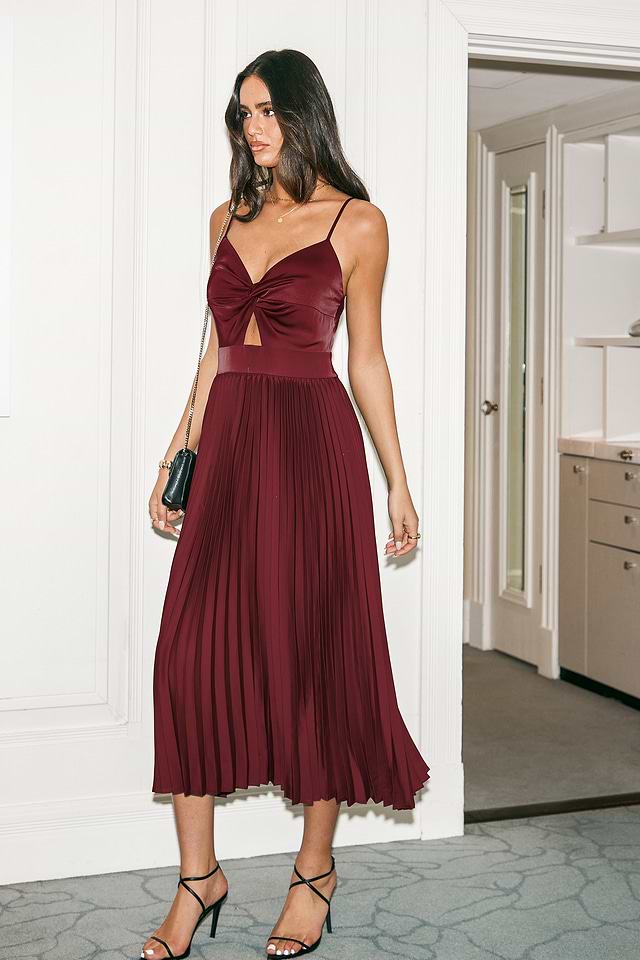 Burgundy Satin Twist & Keyhole Pleated Maxi Dress Burgundy Satin Twist & Keyhole Pleated Maxi Dress
