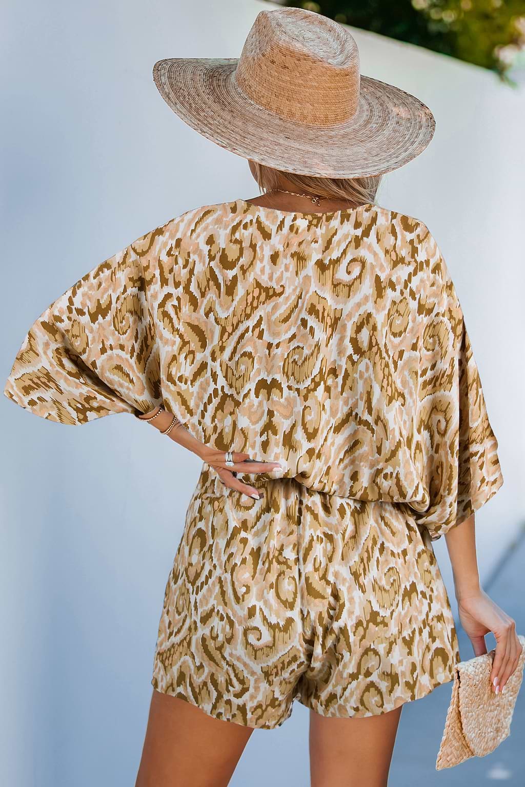 Coffee Brown Plunging Neck Loose Leg Romper