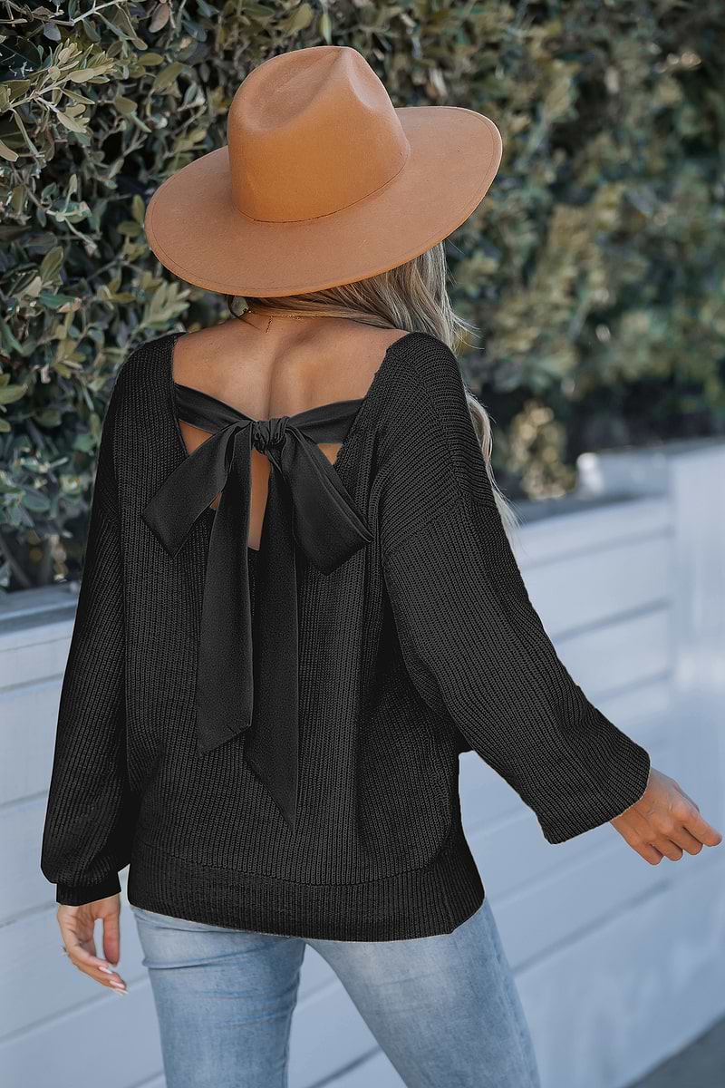 Black Knit Long Sleeve Back Tie Jumper
