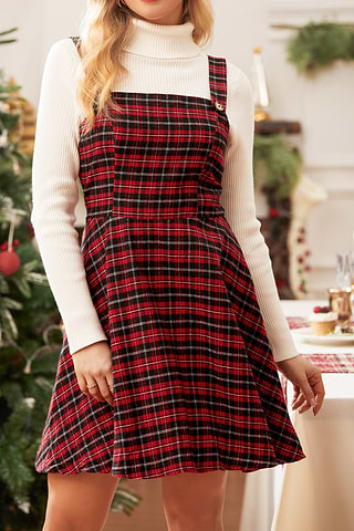 Robe Carreaux Rouge Robe Courte à Col Carré Sans Manches En