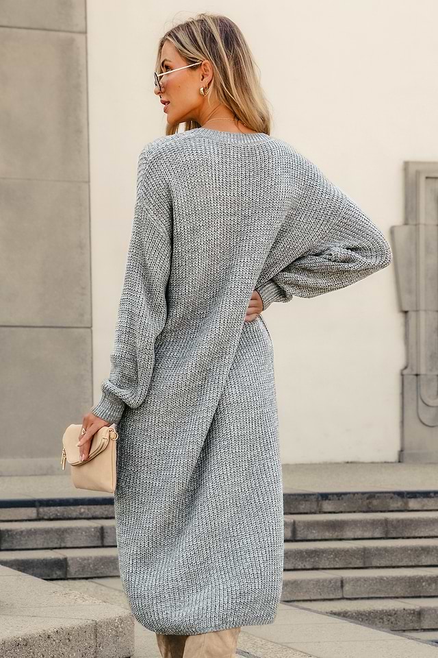 grey sweater wrap dress AKOEE Knitted Sweater Wrap Midi Dress Womens Puff Long Sleeve V Neck Tie Waist Bodycon Split Pencil Dress with Belt (3X-Large, Gray), Women's, Black