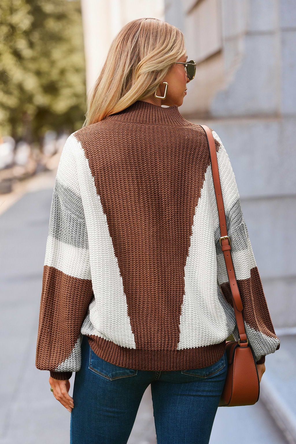 Colorblock Cable Knit Long Sleeve Turtleneck Jumper