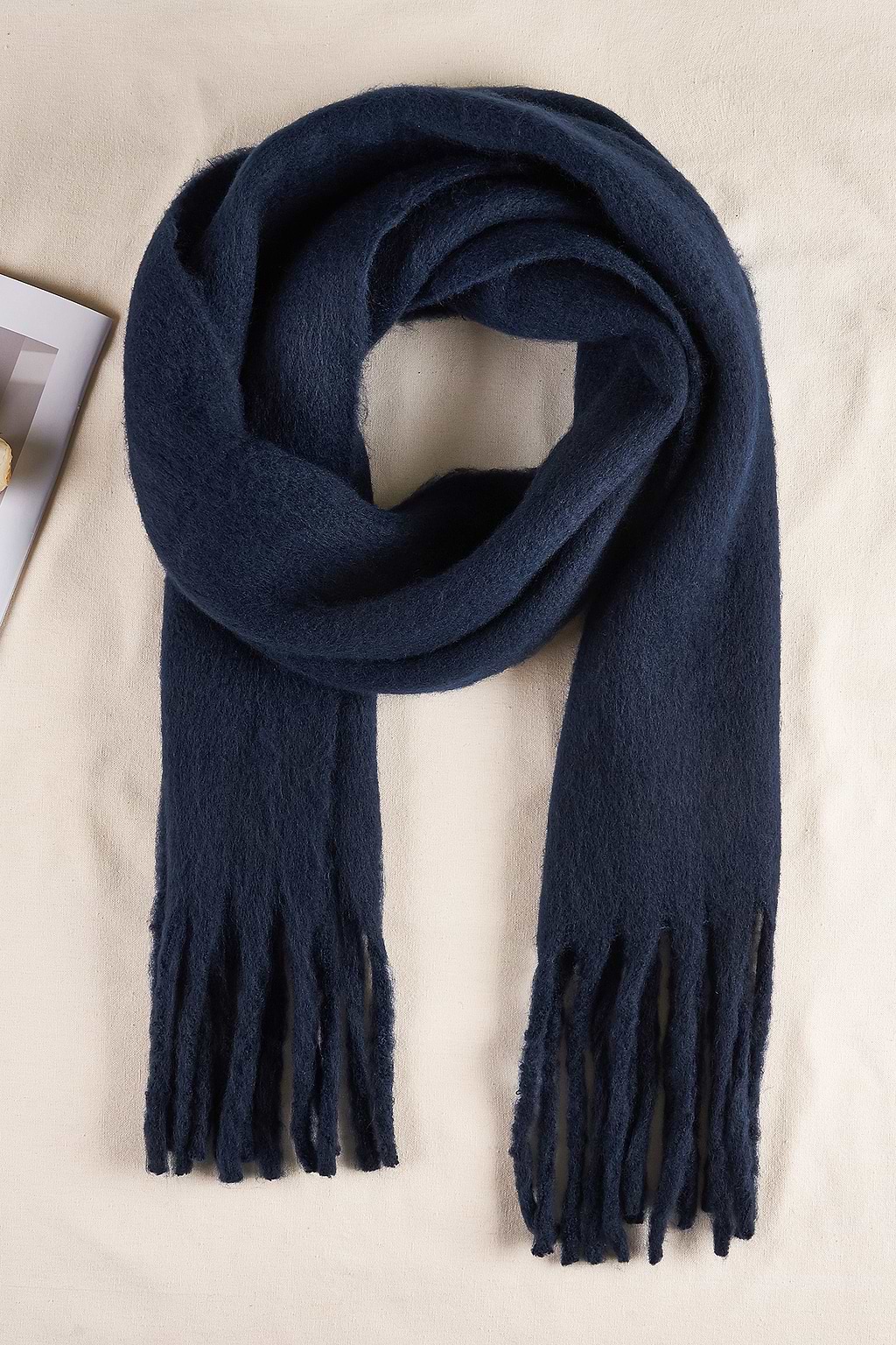 Navy Fringe Trim Long Scarf
