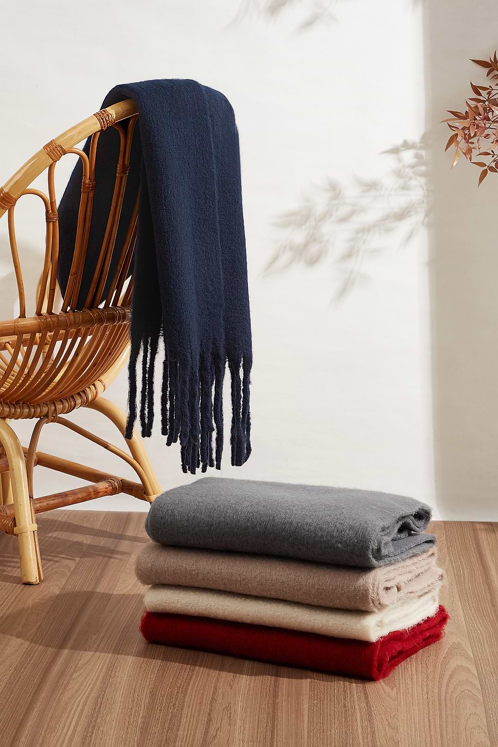 Navy Fringe Trim Long Scarf