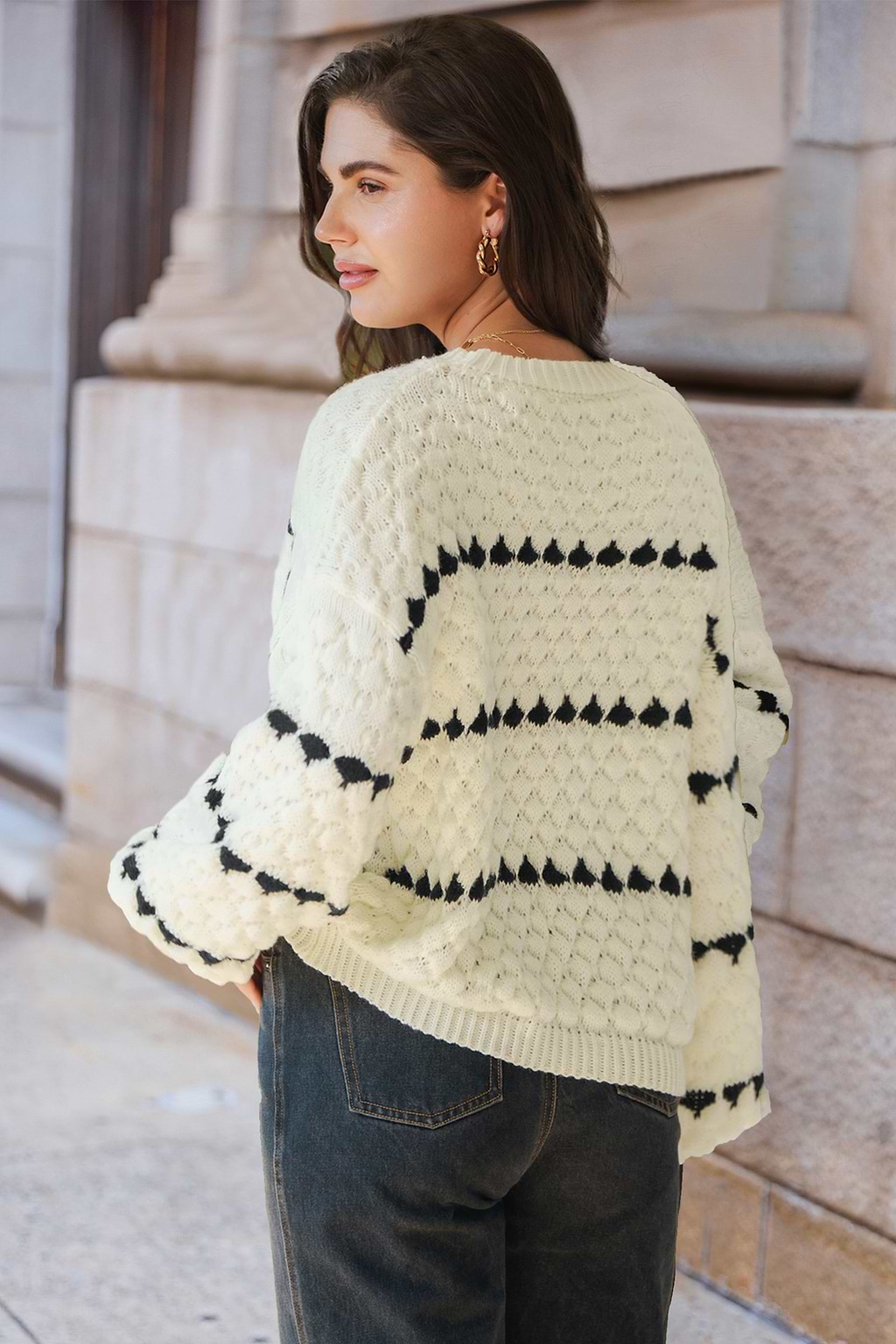 White Striped Long Puff Sleeve Sweater