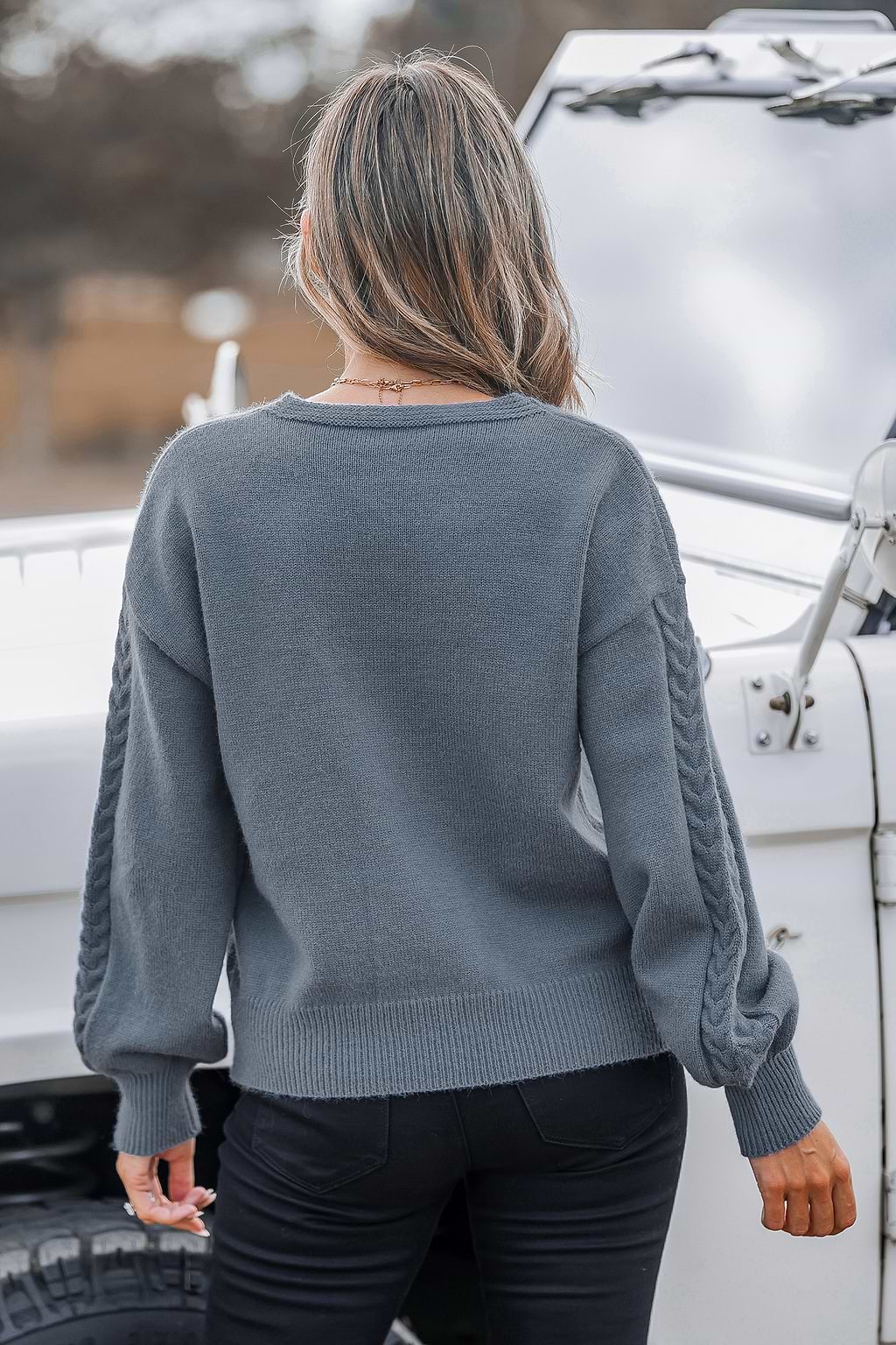 Grey Blue Cable Knit V-Neck Long Sleeve Sweater