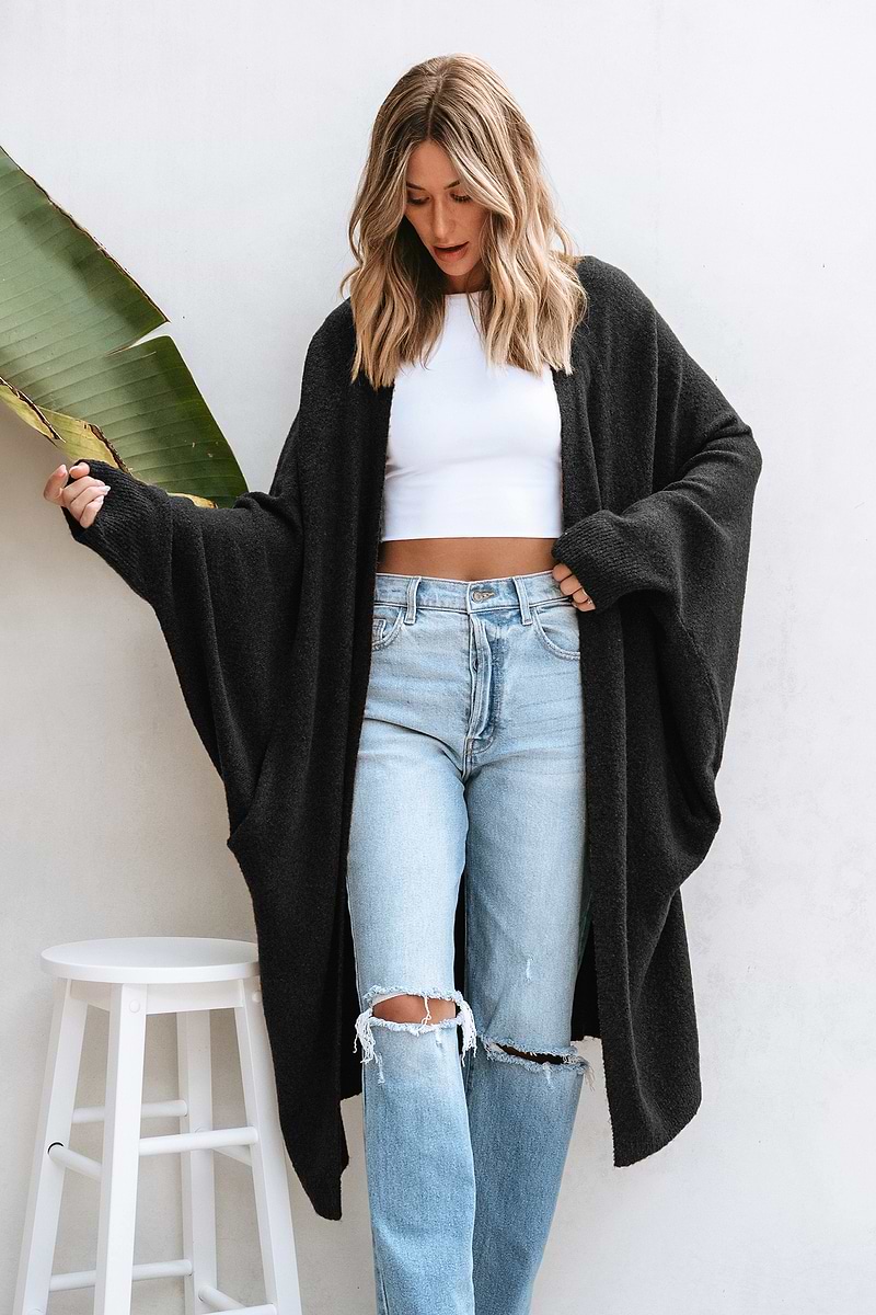 Black Open Front Dolman Sleeve Duster Cardigan