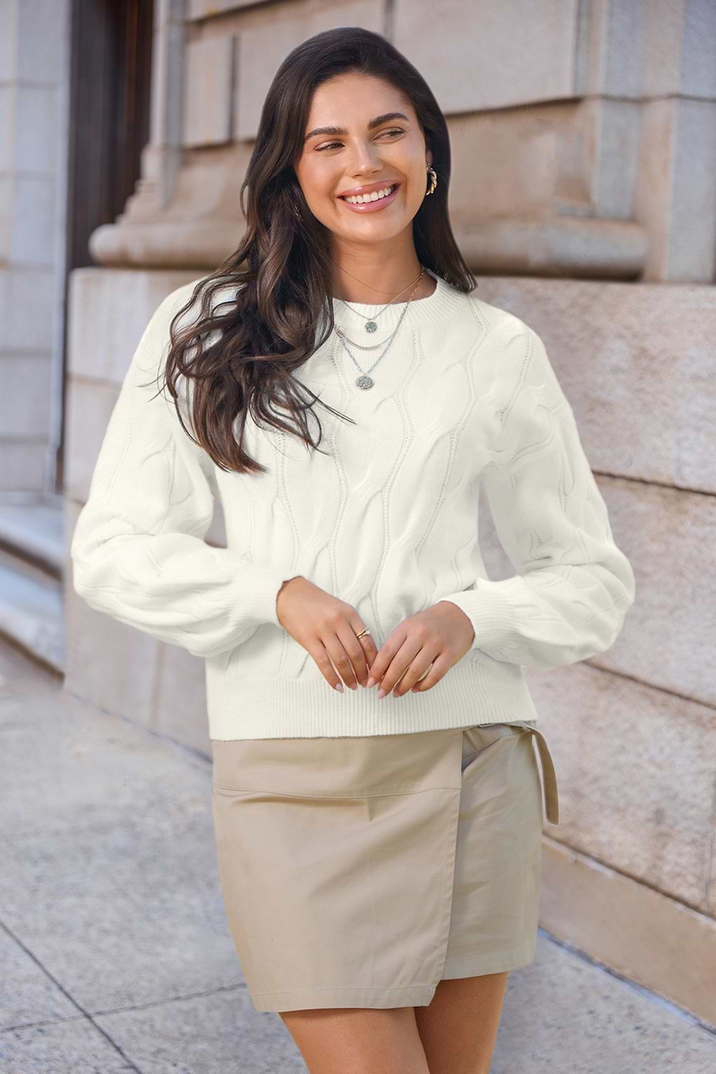 White Round Neck Drop Shoulder Sweater