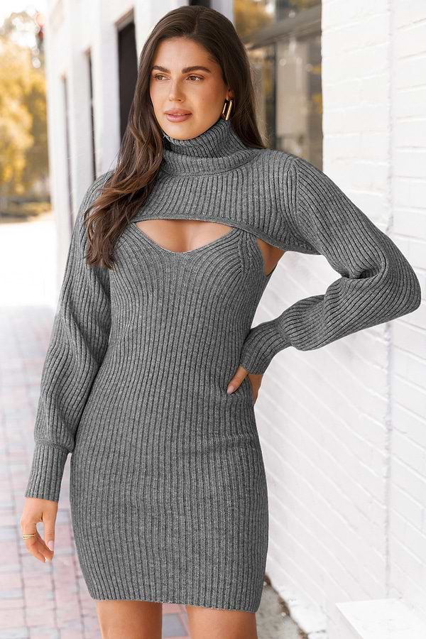 Grey Turtleneck Shrug and Mini Sweater Dress Set | Effortless Chic Style |  Cupshe