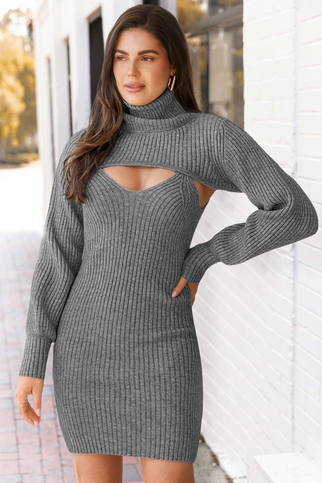 Grey Turtleneck Shrug and Mini Sweater Dress Set
