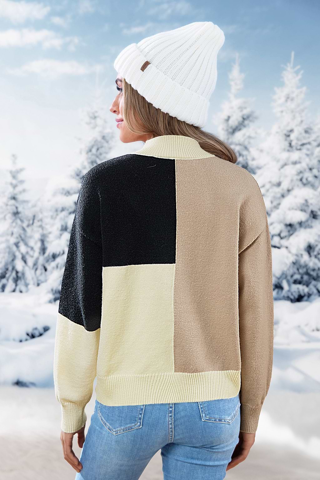 Colorblock High Neck Long Sleeve Sweater