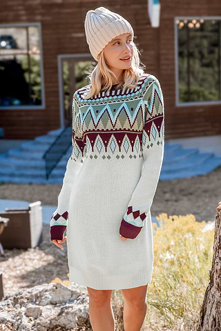 Cuello Redondo Sueter Vestidos Vestido Estilo Suéter Mini De Manga - Main Image