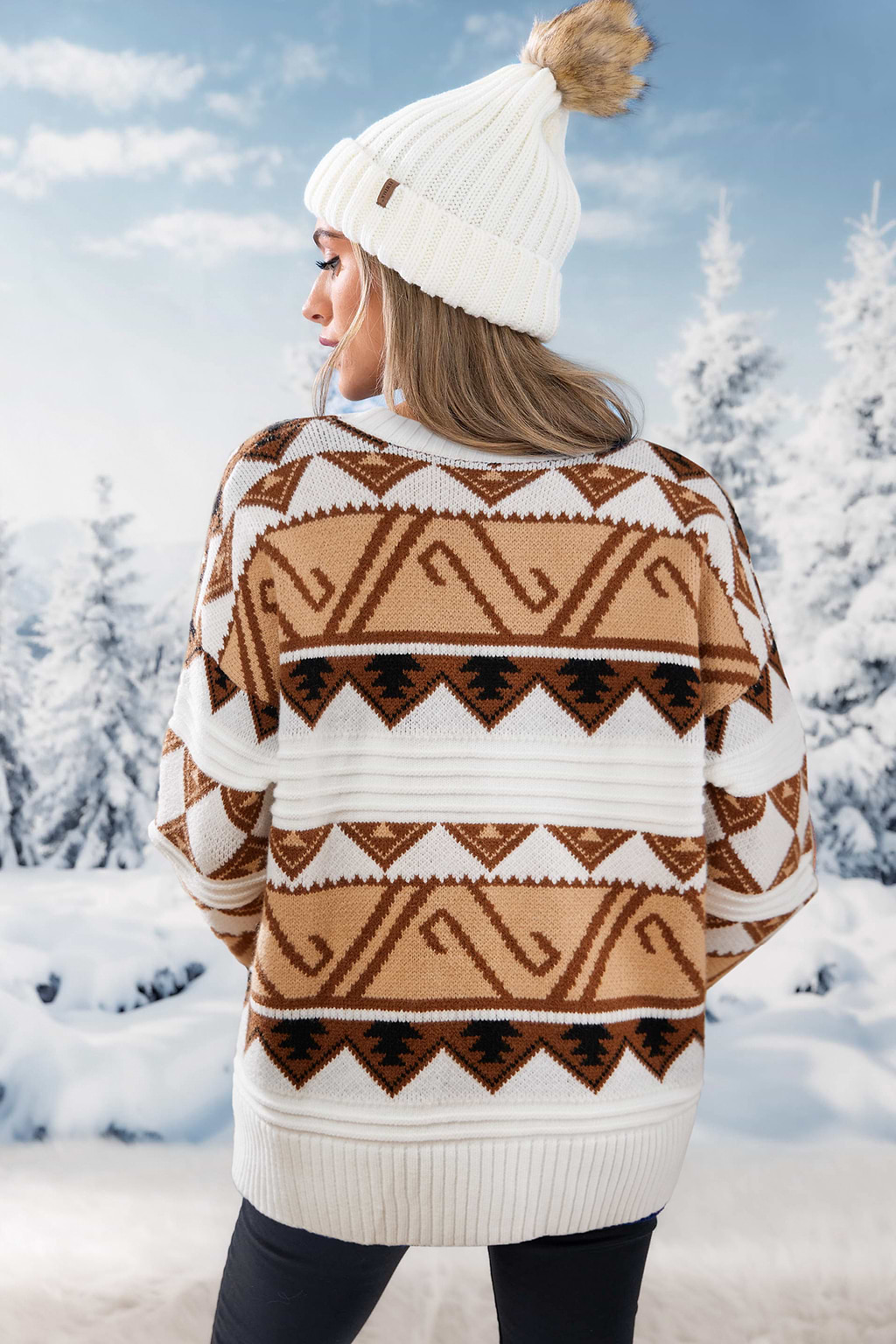 Brauner Rundhals-Pullover mit Geo-Muster