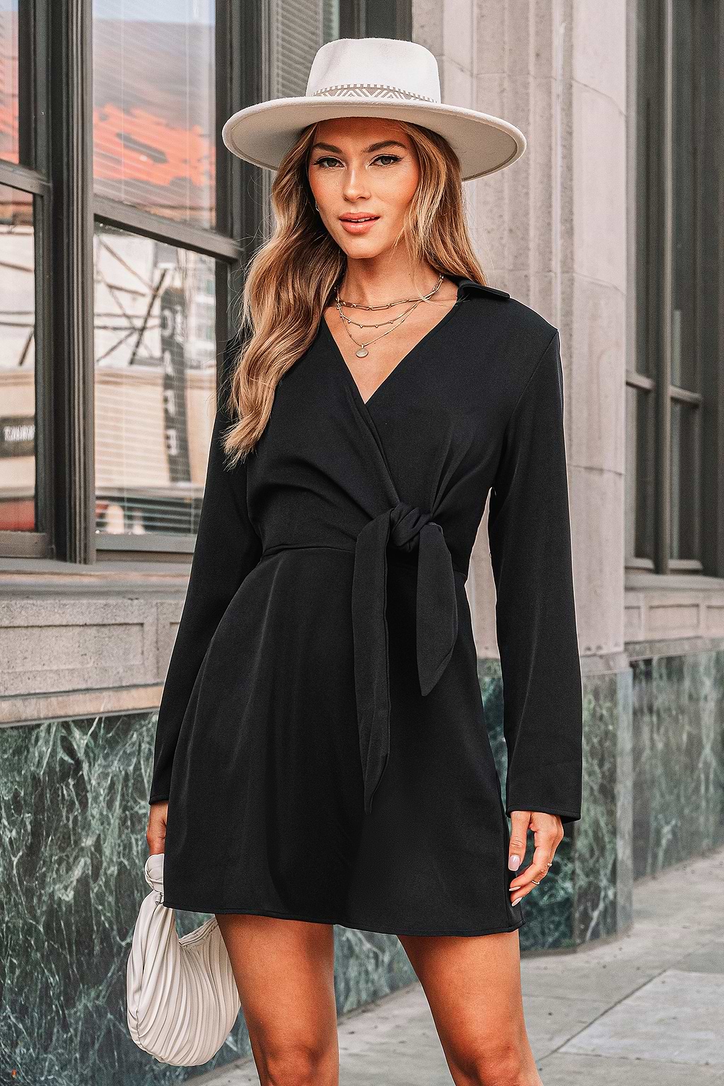 Black Surplice Long Sleeve Mini Dress