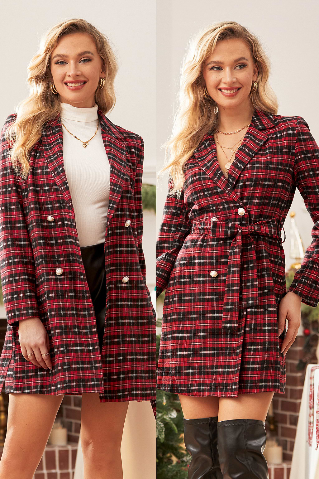 Red Plaid Collared Double-Breasted Convertible Mini Dress