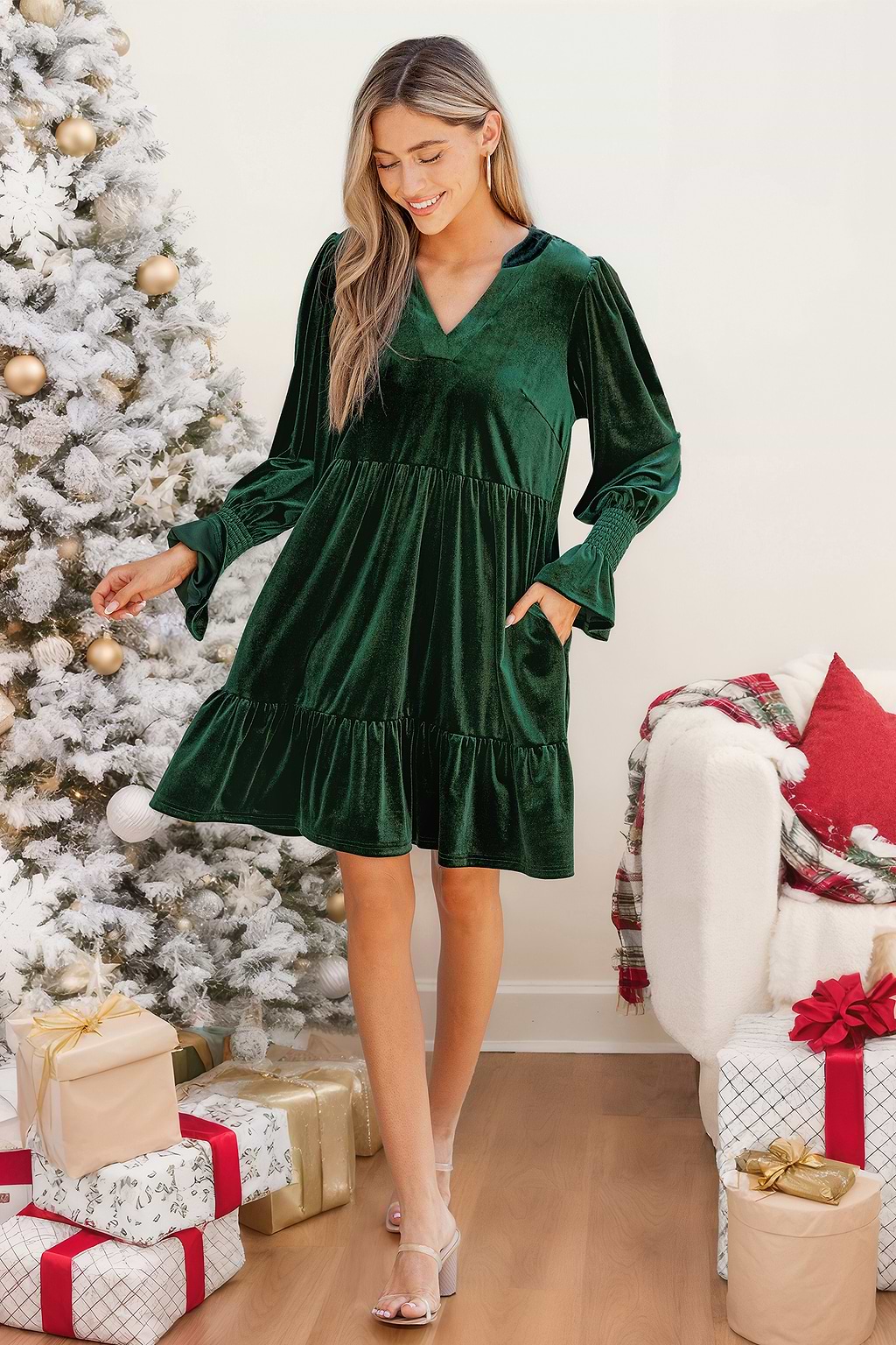 Green V-Neck Long Sleeve Smocked Mini Dress