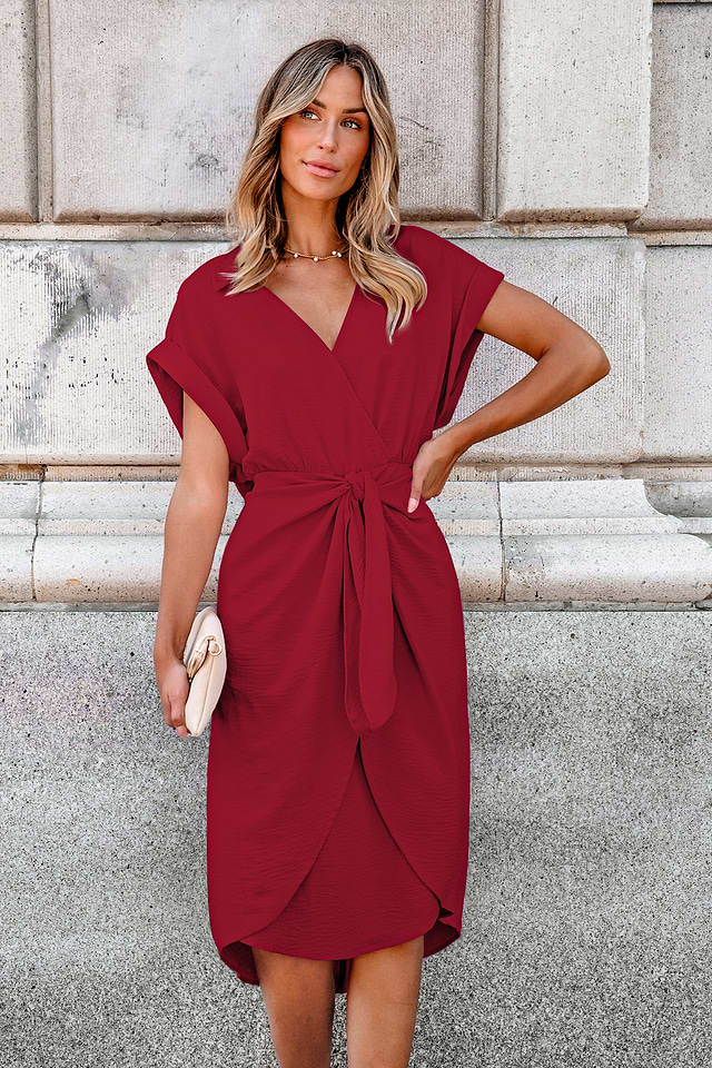 Red Collared Wrap Skirt Midi Dress Red Collared Wrap Skirt Midi Dress