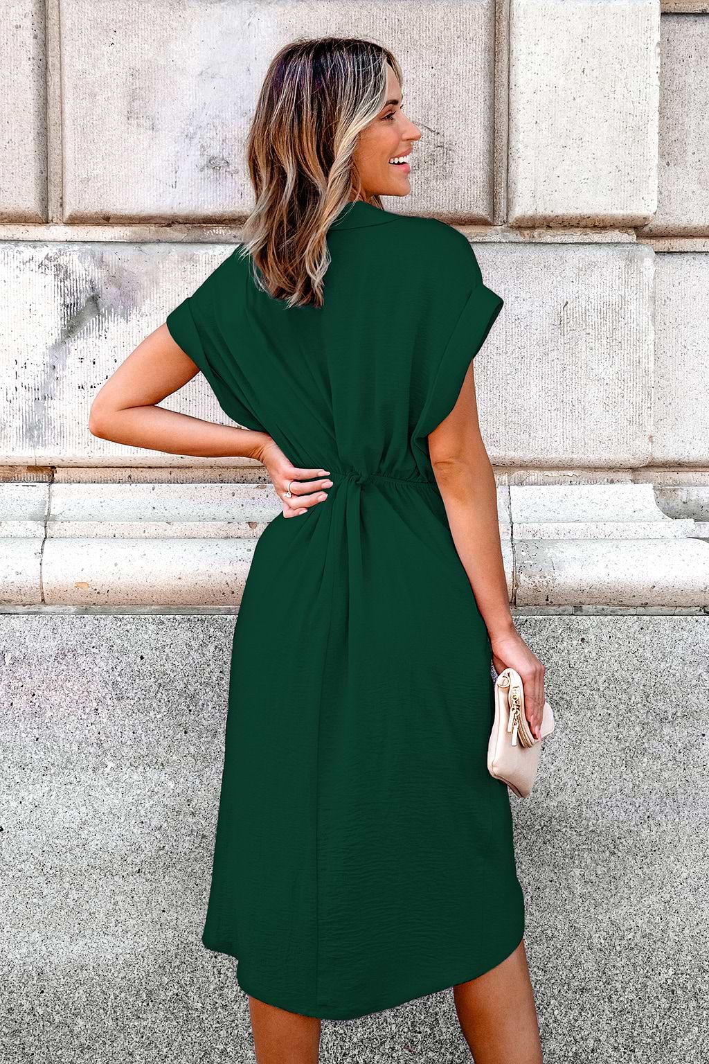 Green Plunging Short Sleeve Wrap Waist Midi Dress