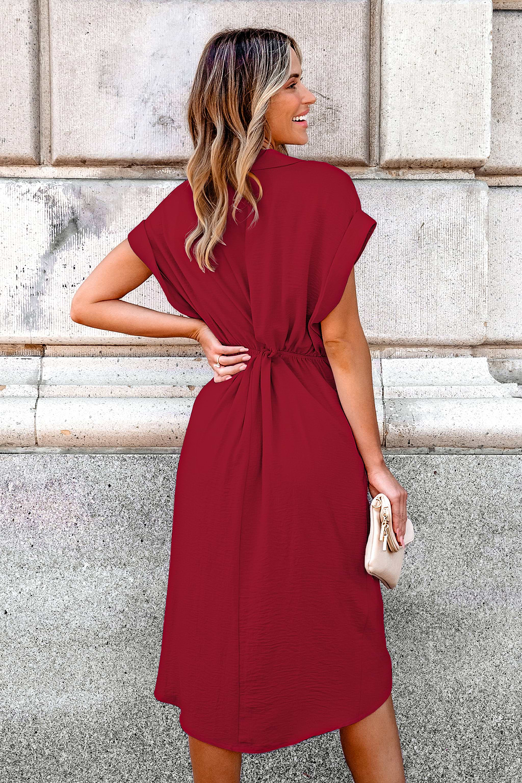 Red Collared Wrap Skirt Midi Dress