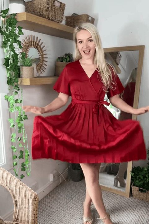 Pleated Short Sleeve Wrap Belted Maxi Dress