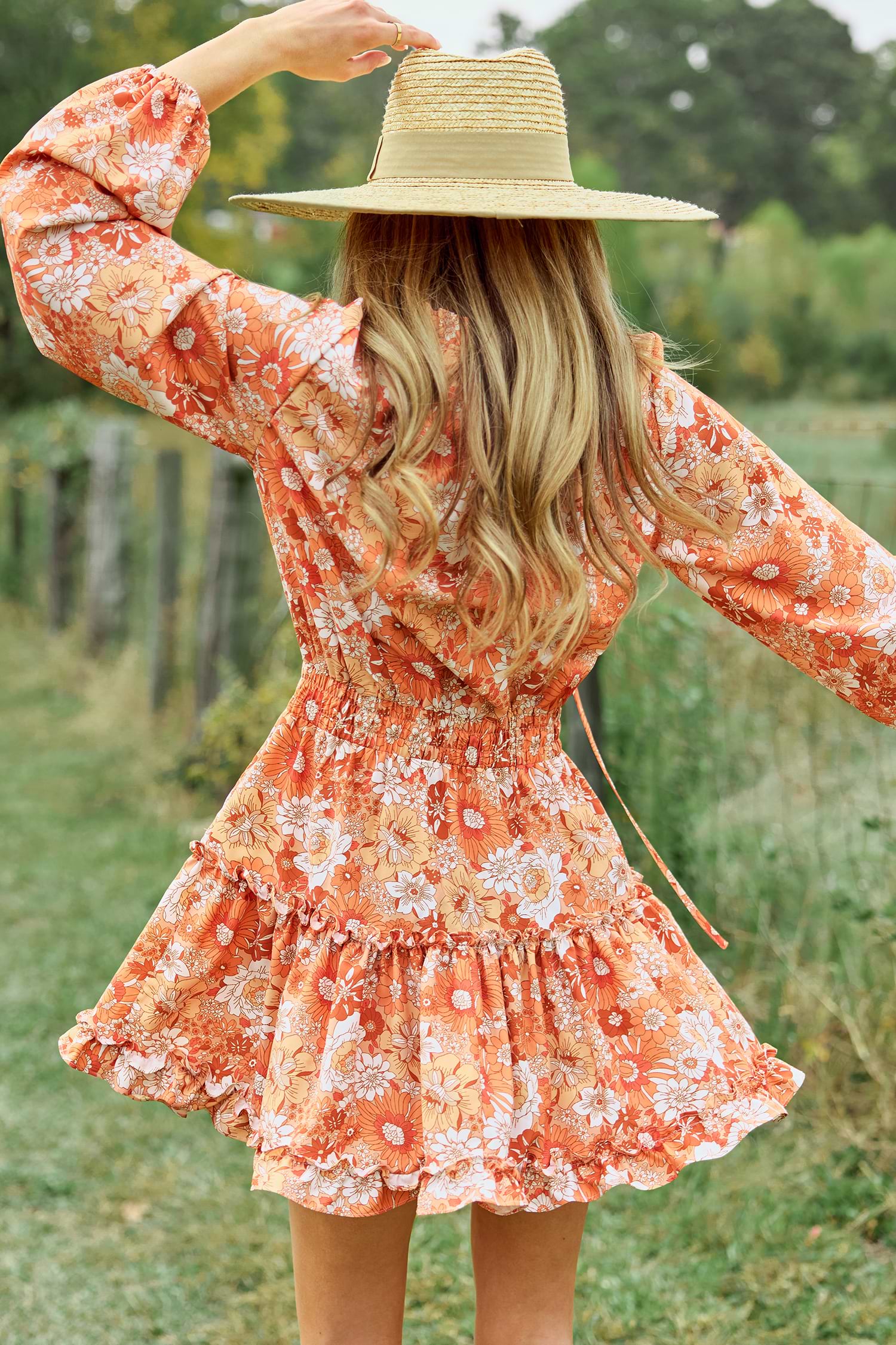 Orange Retro Floral Split Neck Puff Sleeve Mini Dress