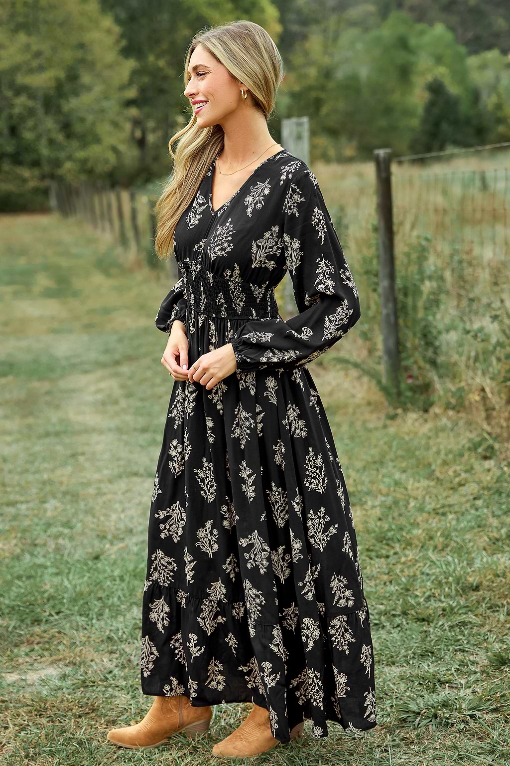Black Floral V-Neck Puff Sleeve Maxi Dress